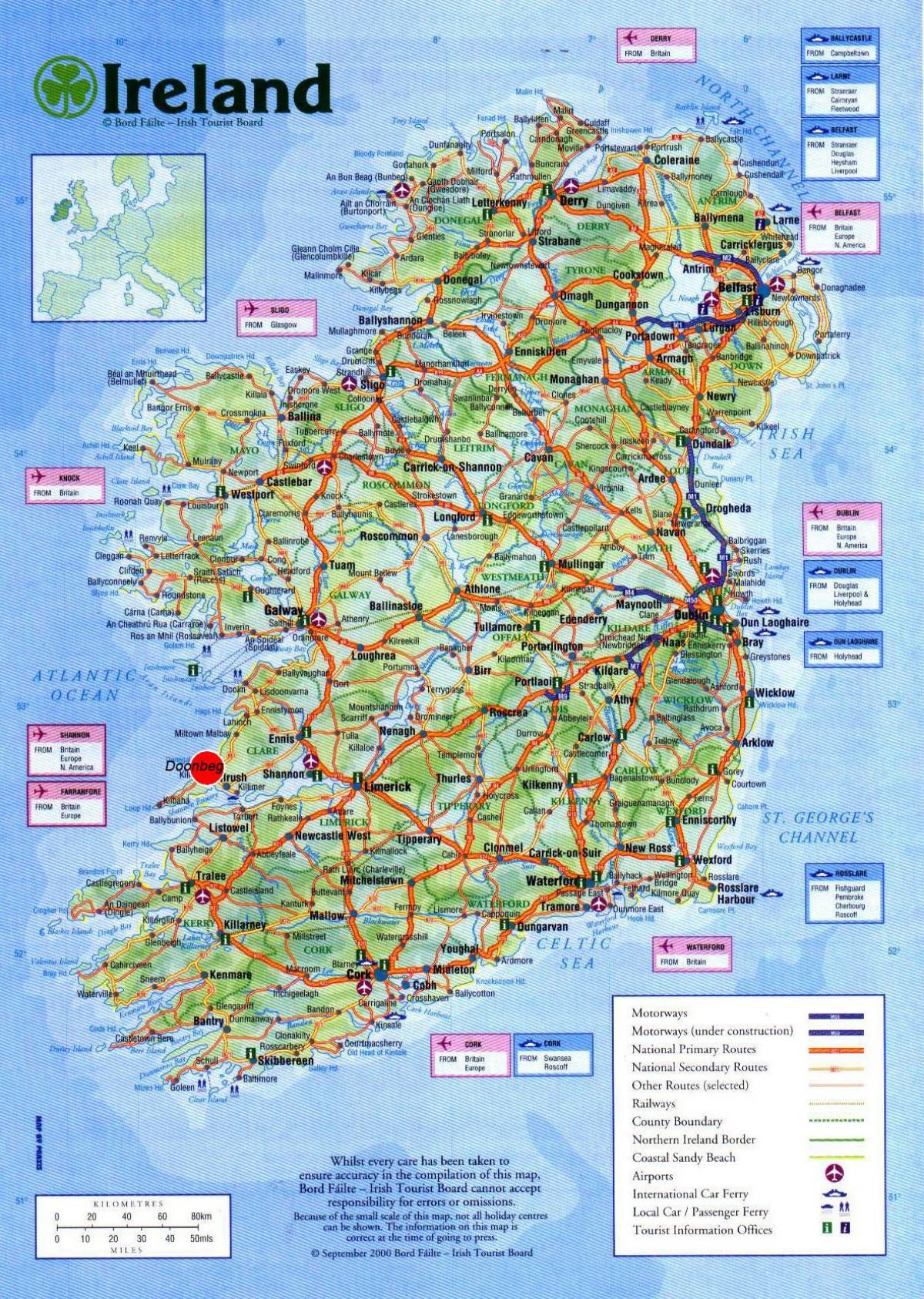 mapa irska ukazující turistických atrakcí