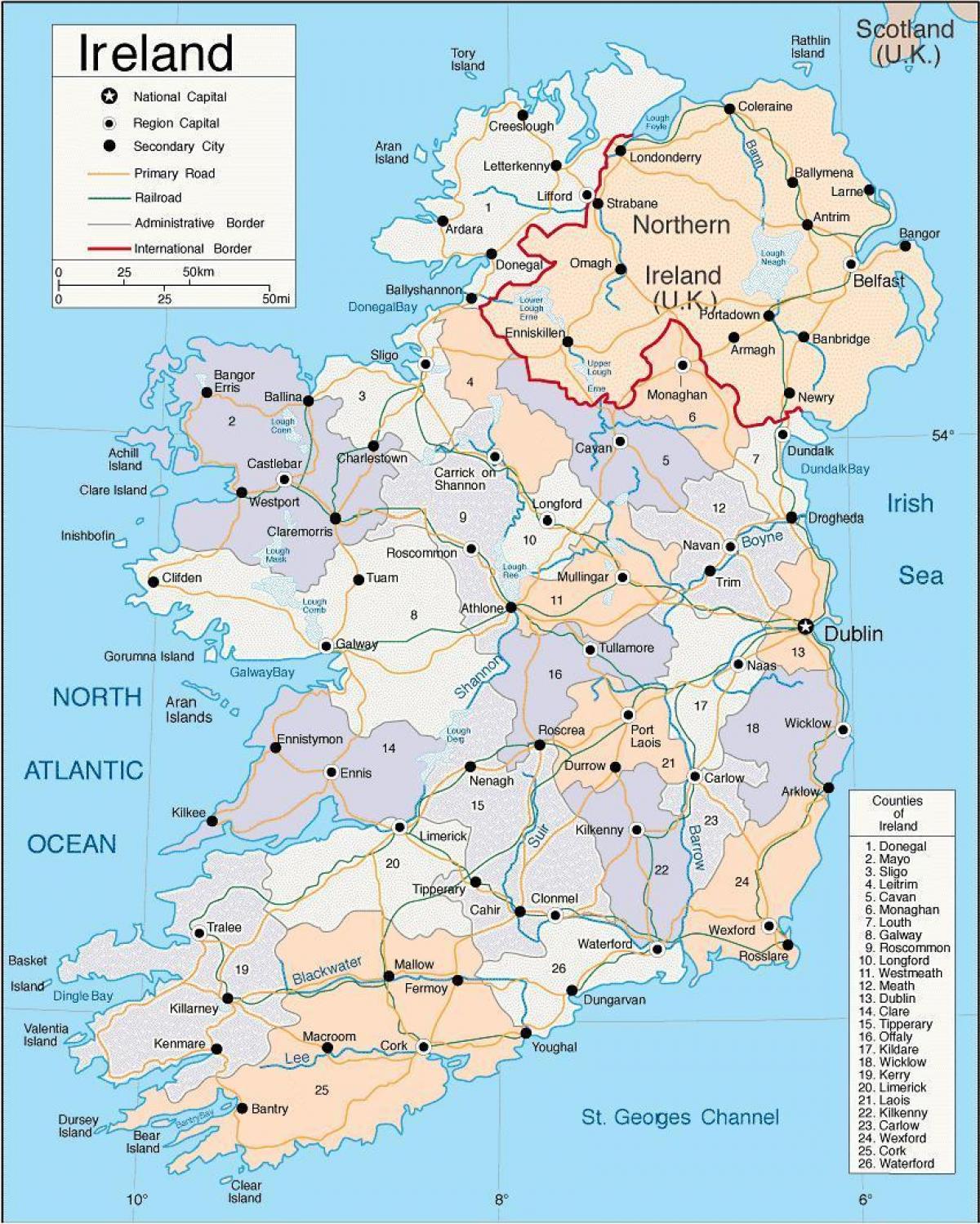 mapa irska včetně krajů
